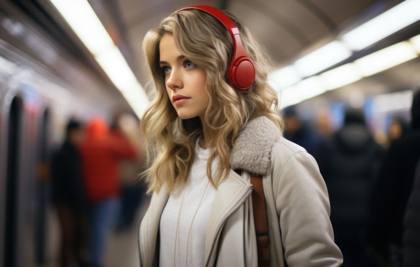 A lady stands in the subway with headphones