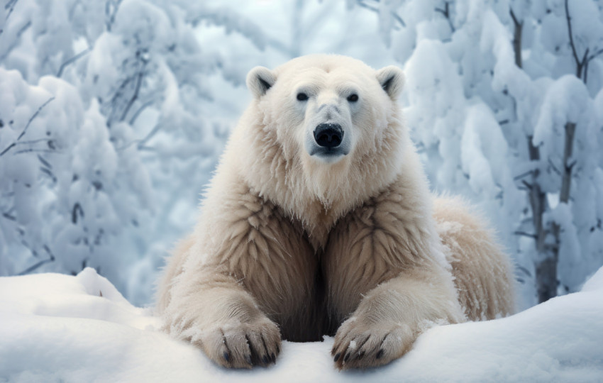 Majestic male polar bear sits in a snow