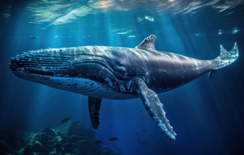 A humpback whale jumping through the ocean water