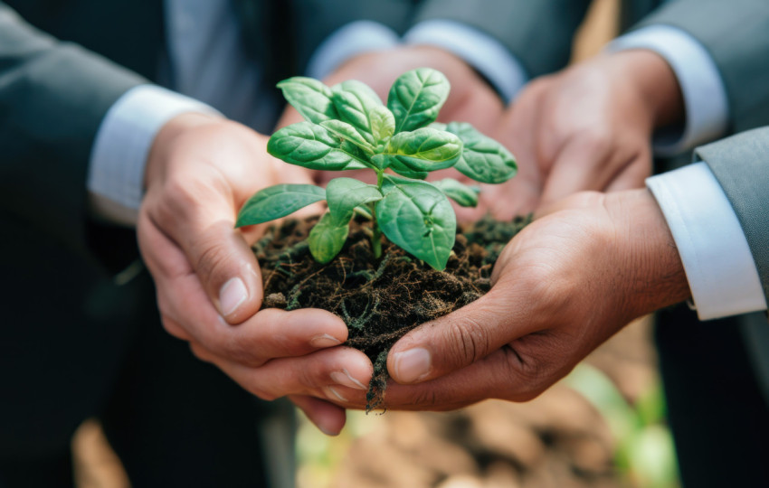 Businesspeople holding a plant in their hands symbolizing growth teamwork