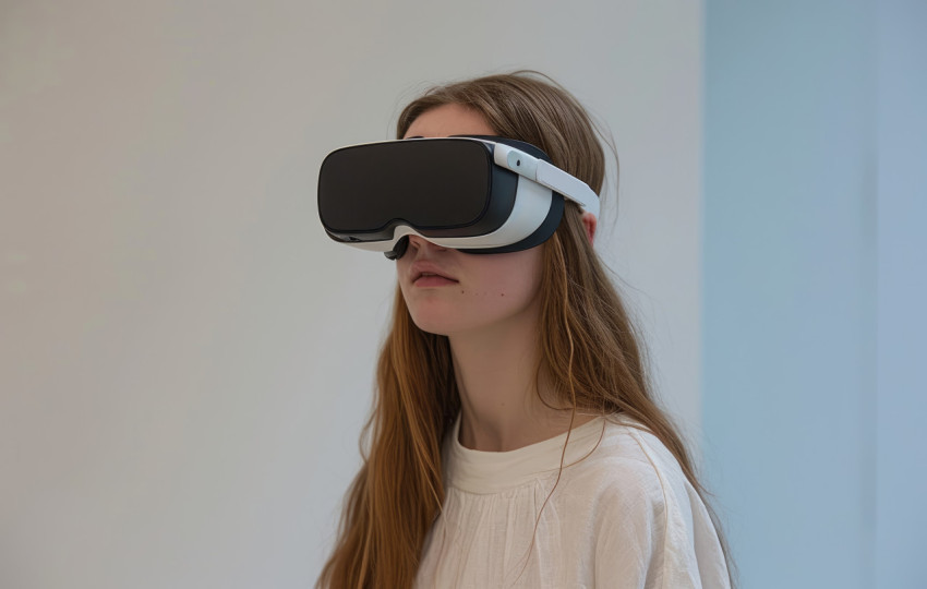 A woman experiences virtual reality glasses against a plain white wall