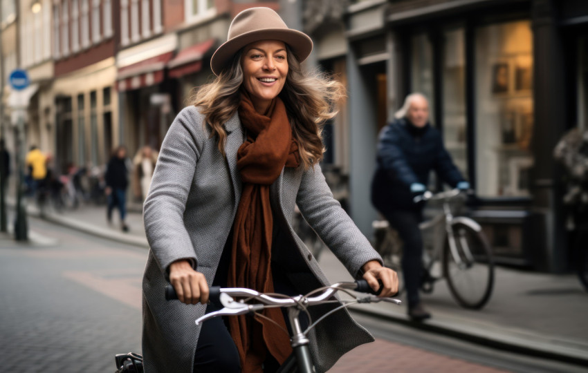 Woman in coat and hat riding bicycle down street