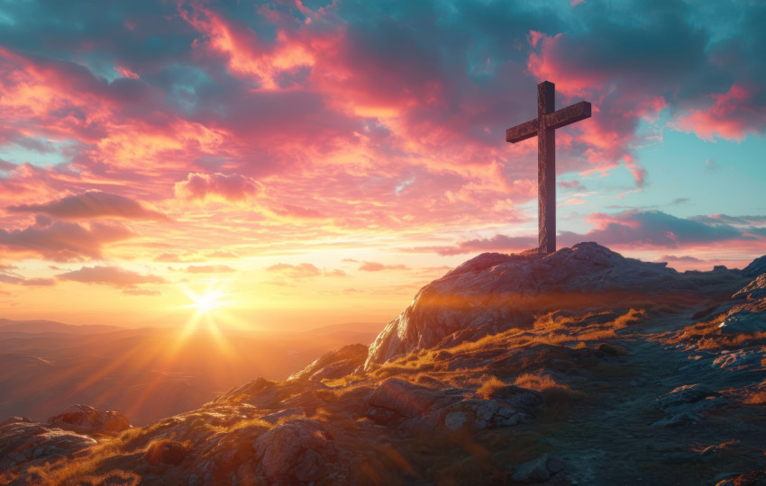 Cross atop mountain overseeing a beautiful sunset