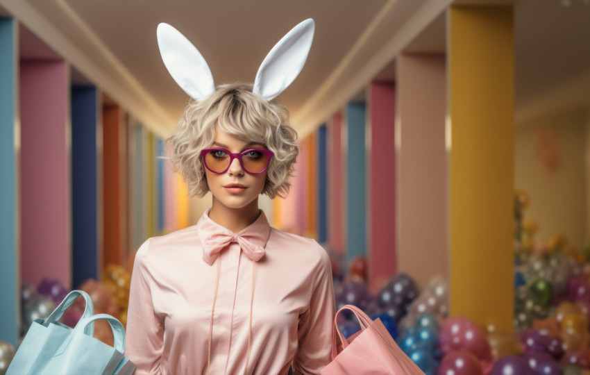 A lady adorned with rabbit ears happily carries shopping bags