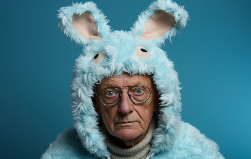 Elderly person in bunny hat posing against blue backdrop