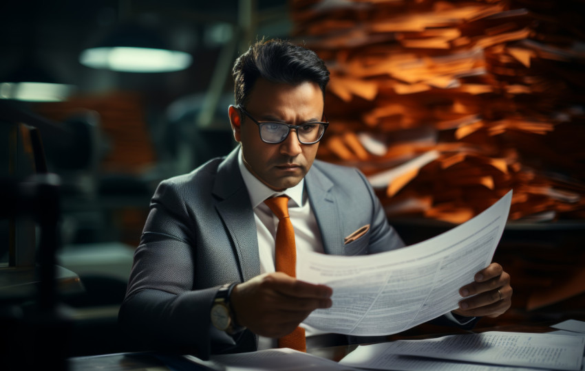 An indian businessman engrossed in reading important papers