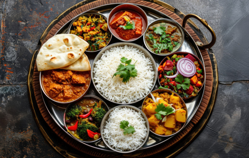 A popular masala thali displays of delicious dishes on a traditional plate