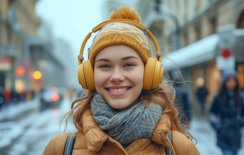 Happy young woman wearing headphones enjoying music in the city