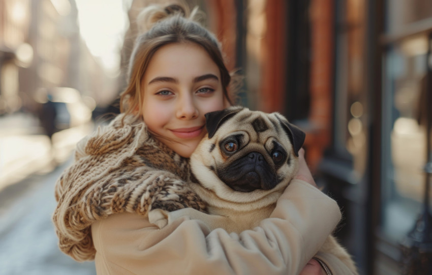 Girl holding pug dog in city street