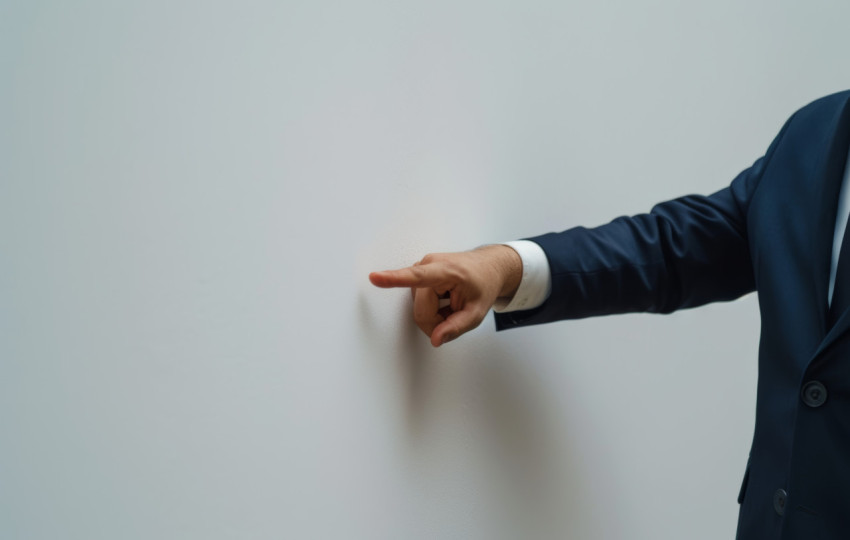 A suited man gestures towards a blank white wall