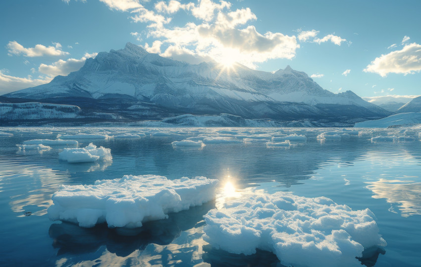 Ice floes in a lake sparkle under the sunlight