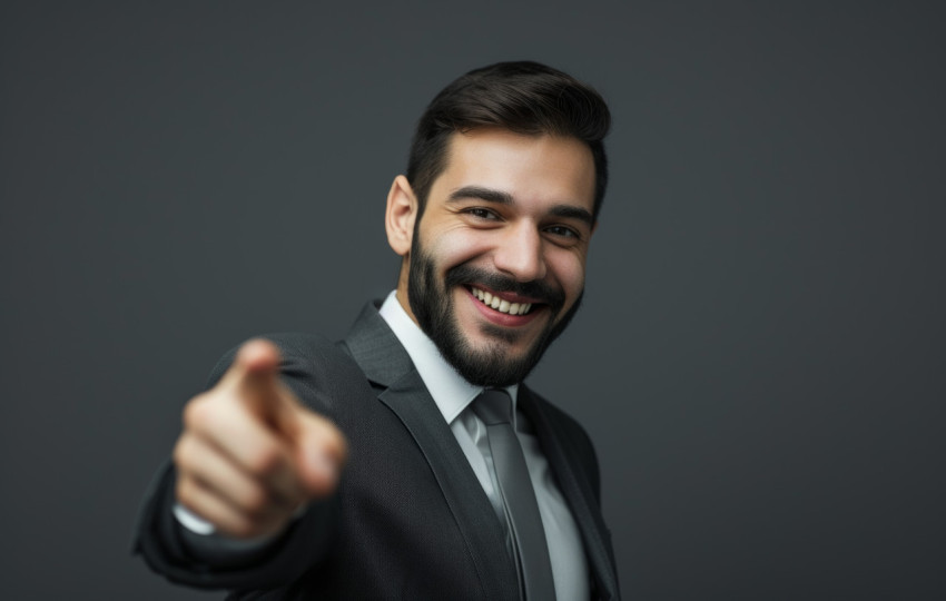 Happy businessman pointing finger at camera with a smile