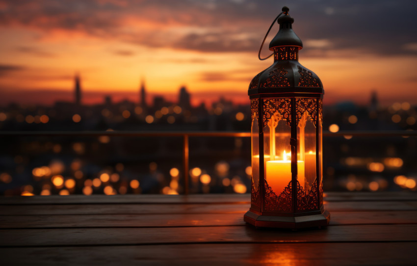 The soft glow of a lantern against the setting sun