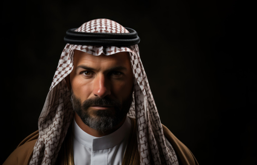 A proud arab man wearing traditional clothing against a solid grey wall