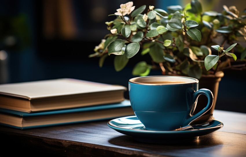 Books plants and a warm cup of coffee on a desk