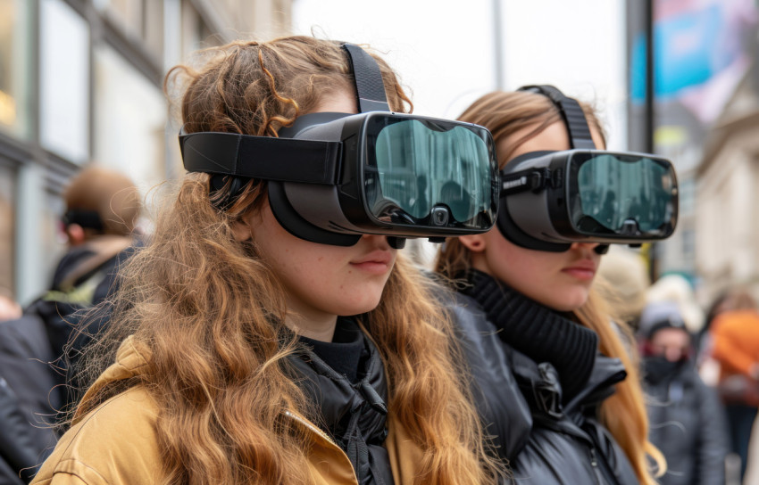 Female workers use virtual glasses for immersive experiences in the digital realm