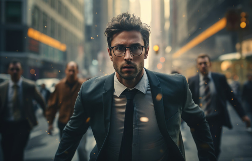 A pedestrian dashes through the bustling streets of city during rush hour