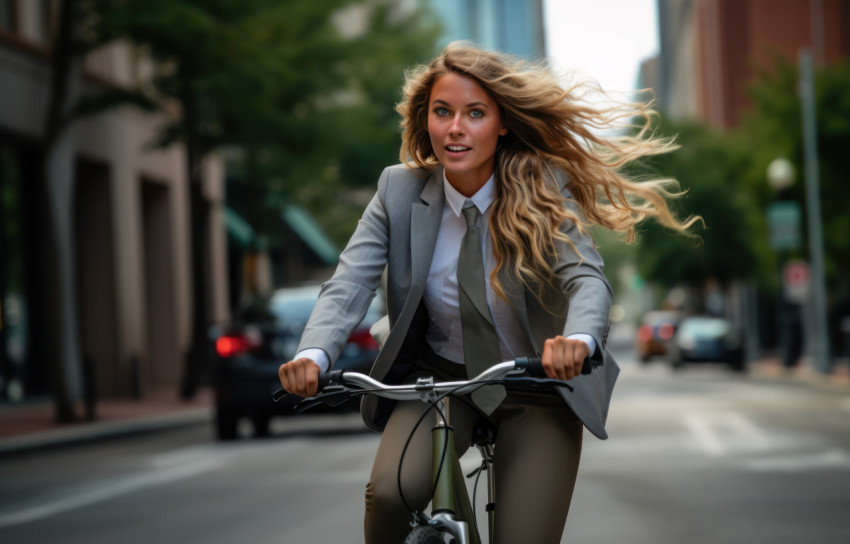 A smiling businesswoman bikes down the street blending work and leisure seamlessly