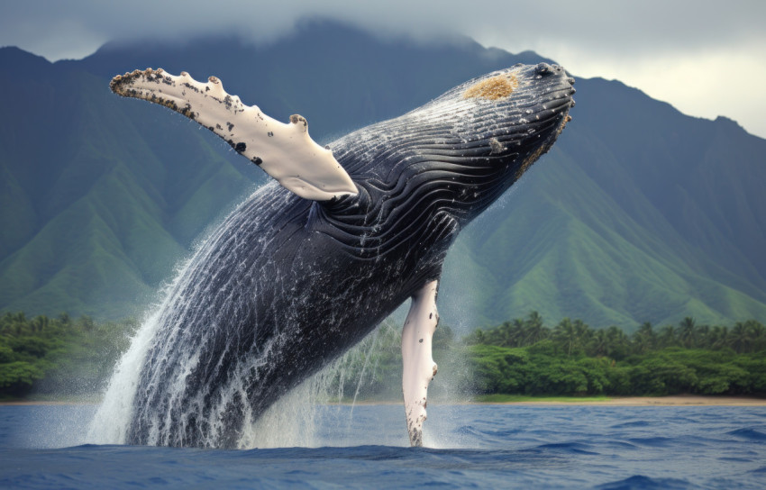 A humpback whale jumps out of the water