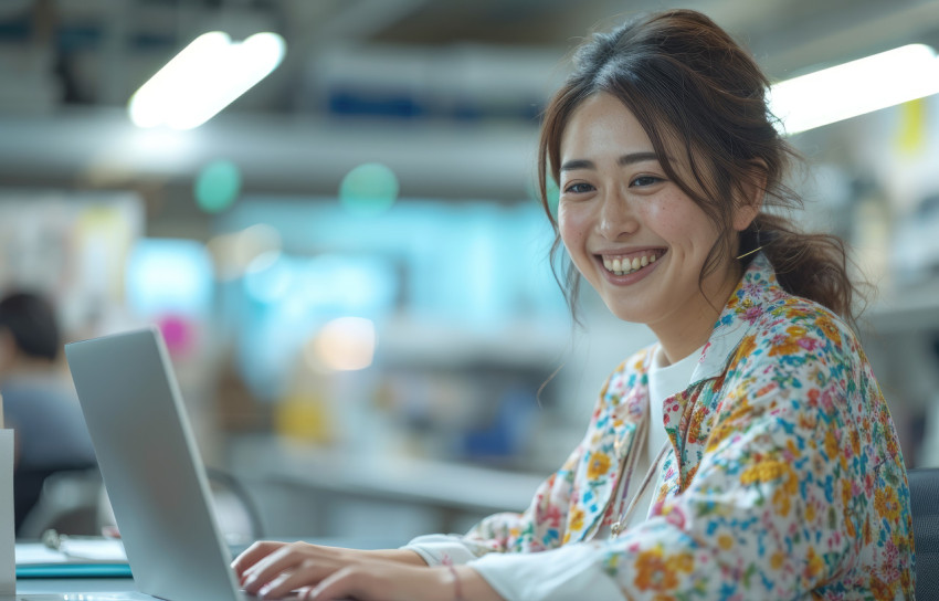 Office professional women happily working on laptop