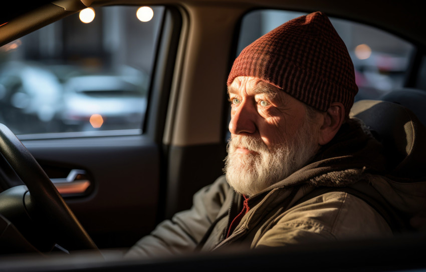 An elderly man sits in his car stuck in traffic