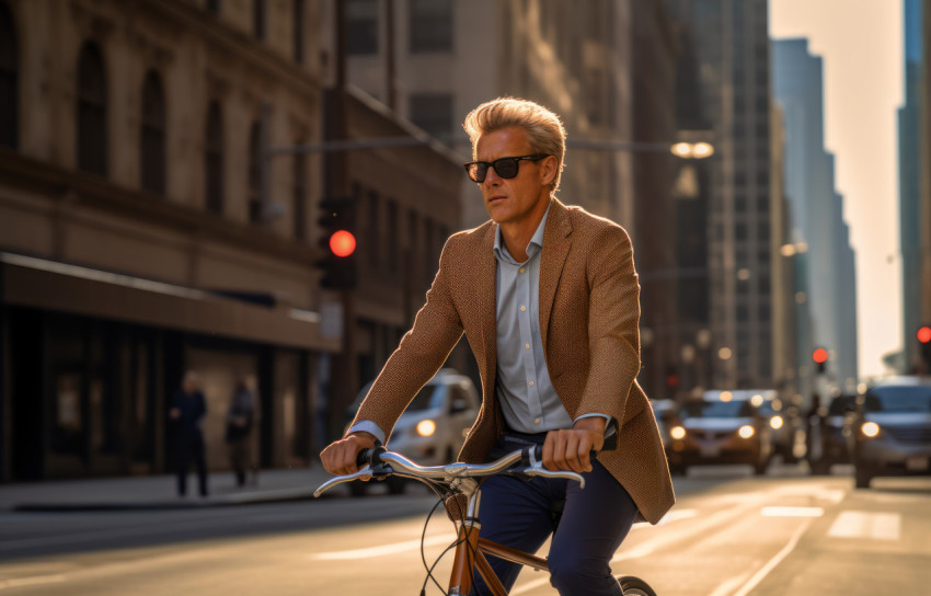 Man riding bicycle through city streets enjoying urban ride