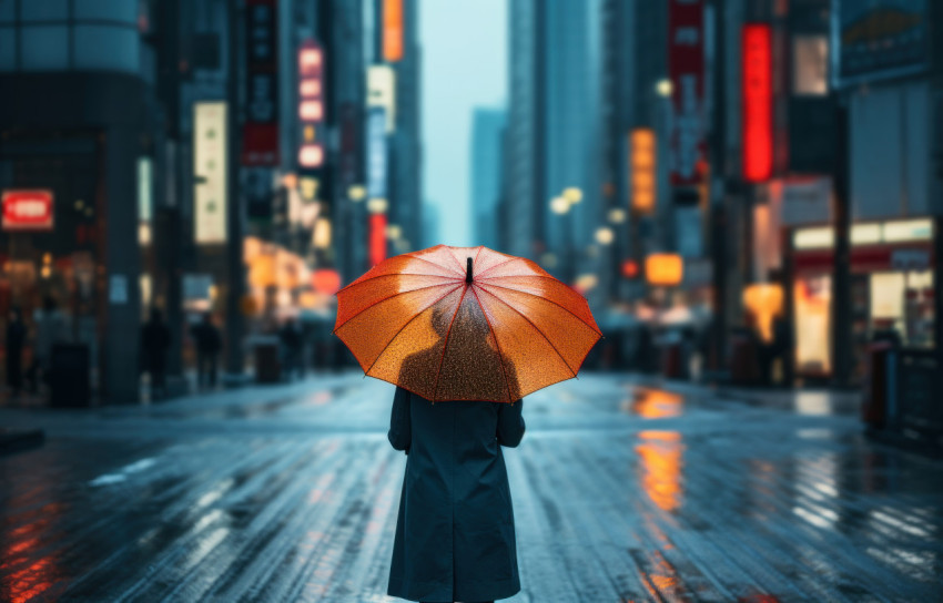 Woman holding umbrella on city street