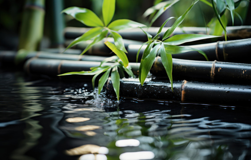 A peaceful pool adorned with flowing bamboo and black stones