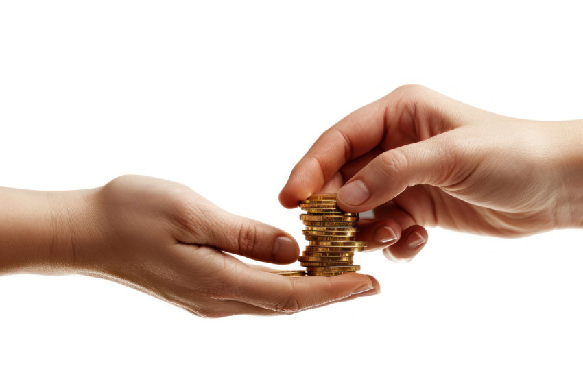 Two hands offer coins conveying generosity and financial transactions on a white background