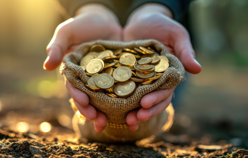 Reaching for a bag of coins these hands depict the pursuit of financial abundance and success