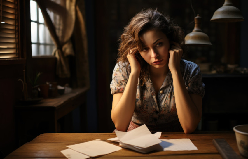 A woman visibly in pain holds her head while gripping a letter conveying discomfort and anguish at her desk