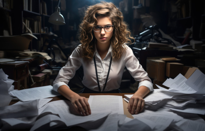 A woman seated at a desk holding a paper