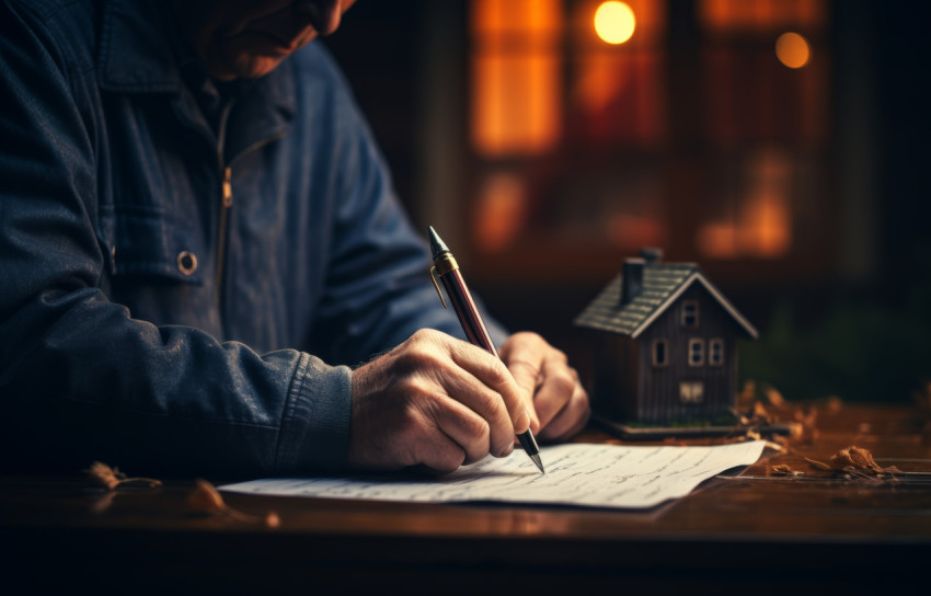 Someone using a pen to write and draw a house on paper