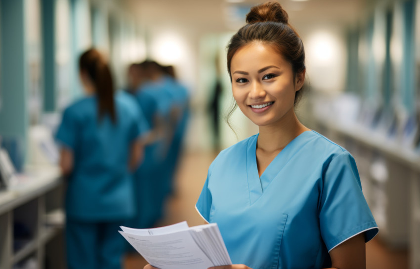 A nurse in scrubs passes a document to a doctor