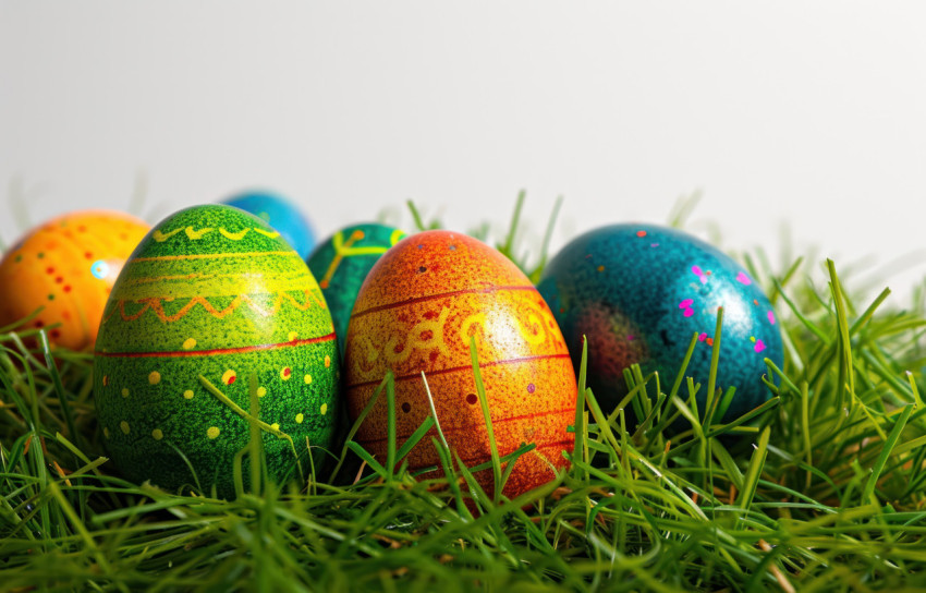 Vibrant easter eggs resting on grass against a white backdrop