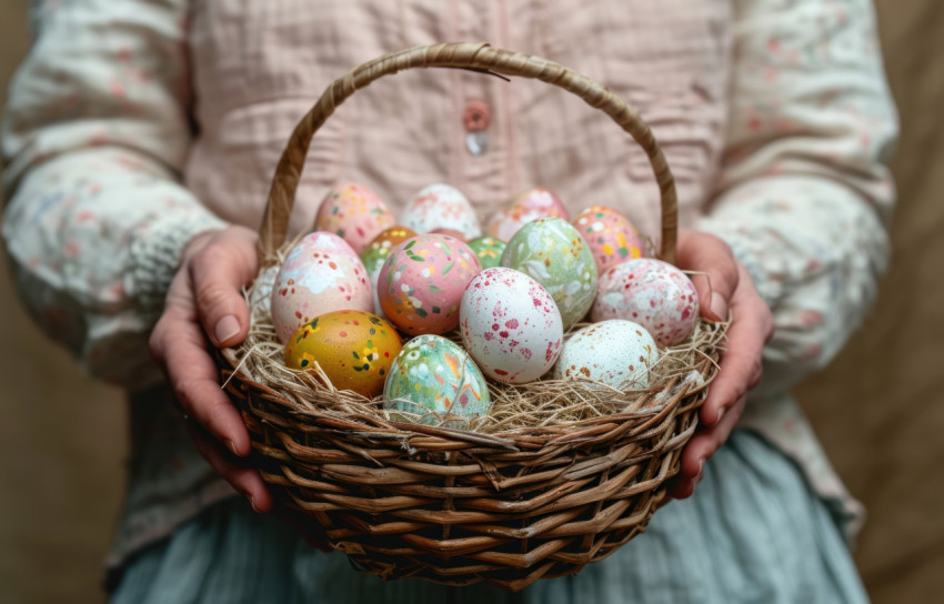 Person holding basket of decorated easter eggs