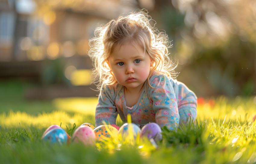 Youngster enjoying outdoor play with easter eggs on green grass