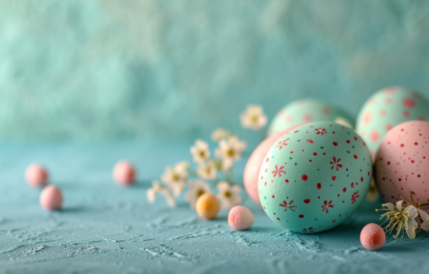 Easter egg arrangement on a blue surface