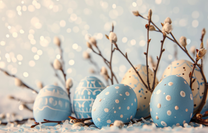 Blue and white easter eggs with branches and buds a festive and colorful celebration