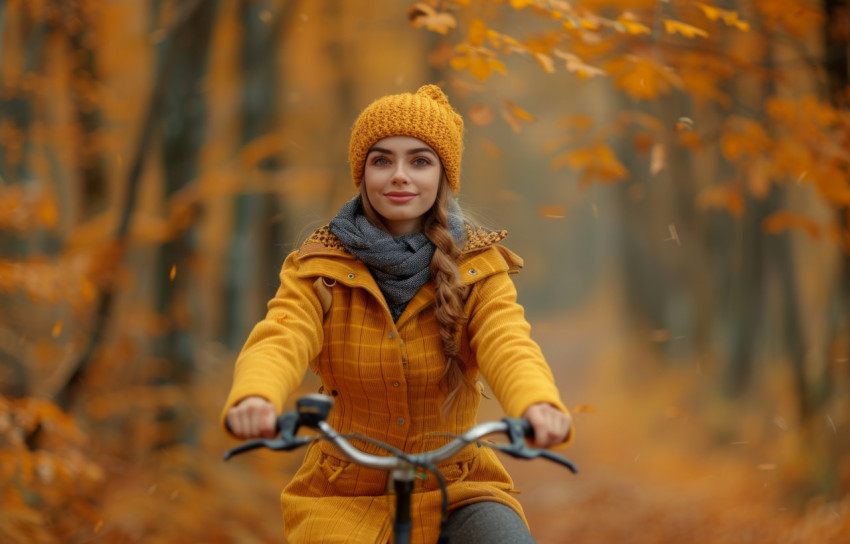 Young woman rides bicycle in autumn forest surrounded by colorful leaves and serene nature