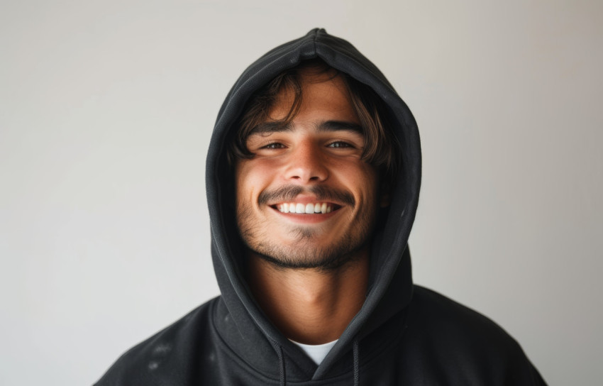 Smiling man in black hoodie standing on white background