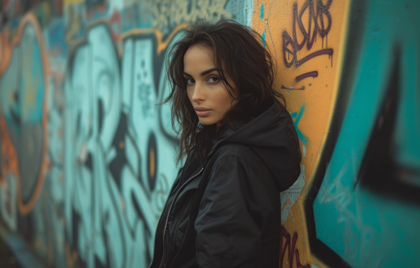 Woman in black jacket stands on graffiti covered wall