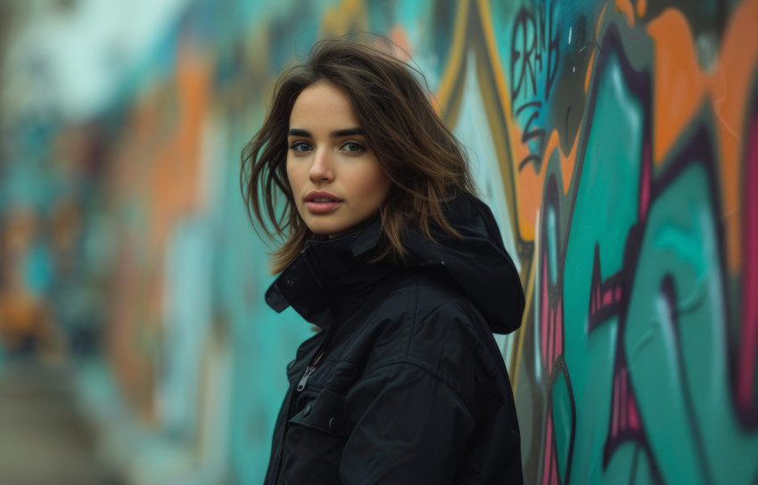 A stylish woman standing on a vibrant graffiti wall background