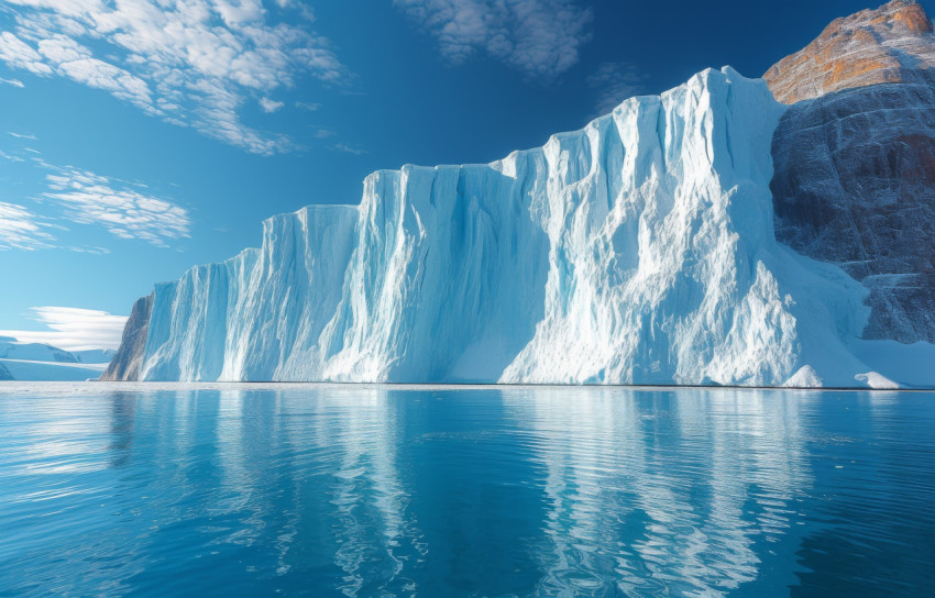 Vast ice glaciers and majestic mountains on a sprawling glacial sheet