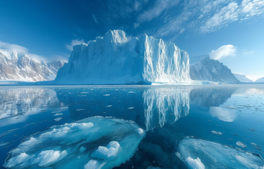 A breathtaking view of a huge glacial sheet showcasing numerous ice glaciers and majestic mountains in a frozen wilderness