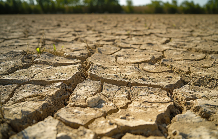 Barren land with parched earth and deep cracks in the midst of sunlight