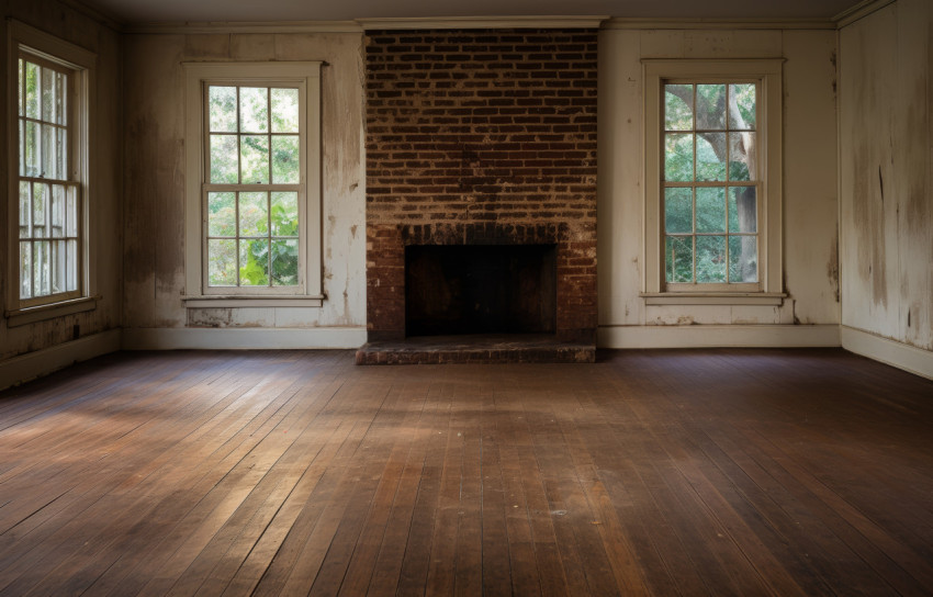 Open house with inviting wood floors and a classic brick fireplace