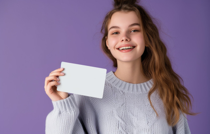 A young woman holding a blank business card against a vibrant purple backdrop