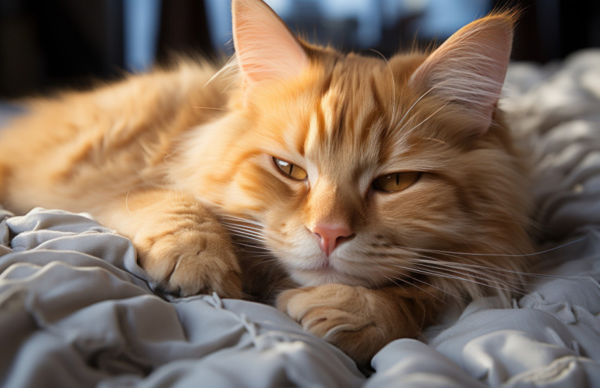 Orange cat curling up on bed finding comfort and warmth in a cozy peaceful moment