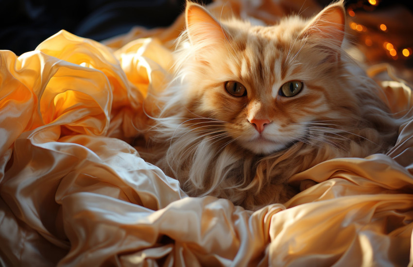 Adorable cat peacefully curled up on a bed